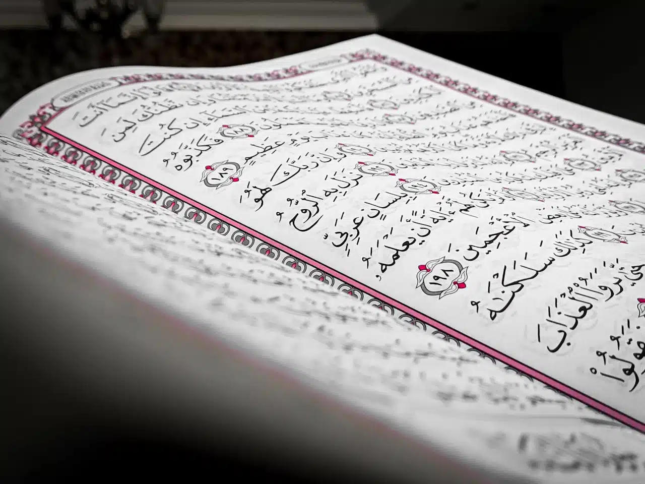 Detailed close-up of an open book showcasing Arabic script, featuring ornamental design and elegant calligraphy.